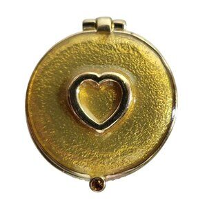Gold Tone Round Trinket Box Heart Design Hinged Lid pill holder magnetic close